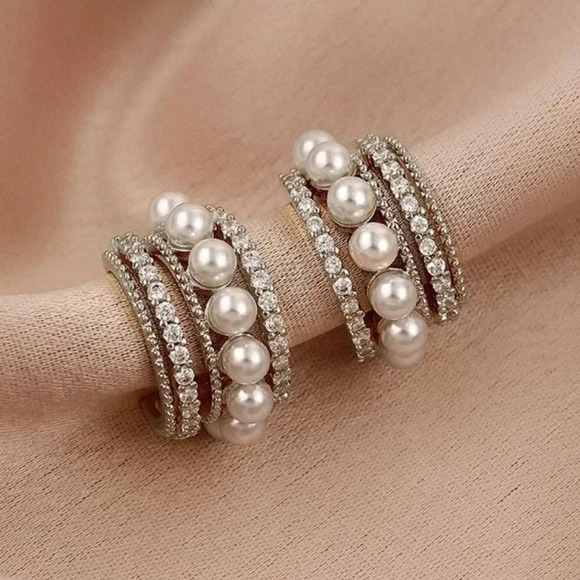 Gold or Silver Pearl Hoop Earrings CZ Diamond Hoops Wedding Party Hoop Earrings - Picture 3 of 4